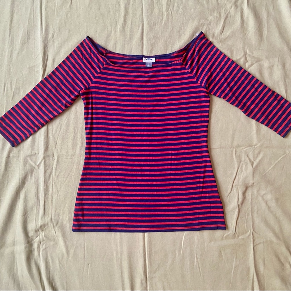 L Old Navy Red & Blue Striped Boat Neck 3/4 Sleeve Top